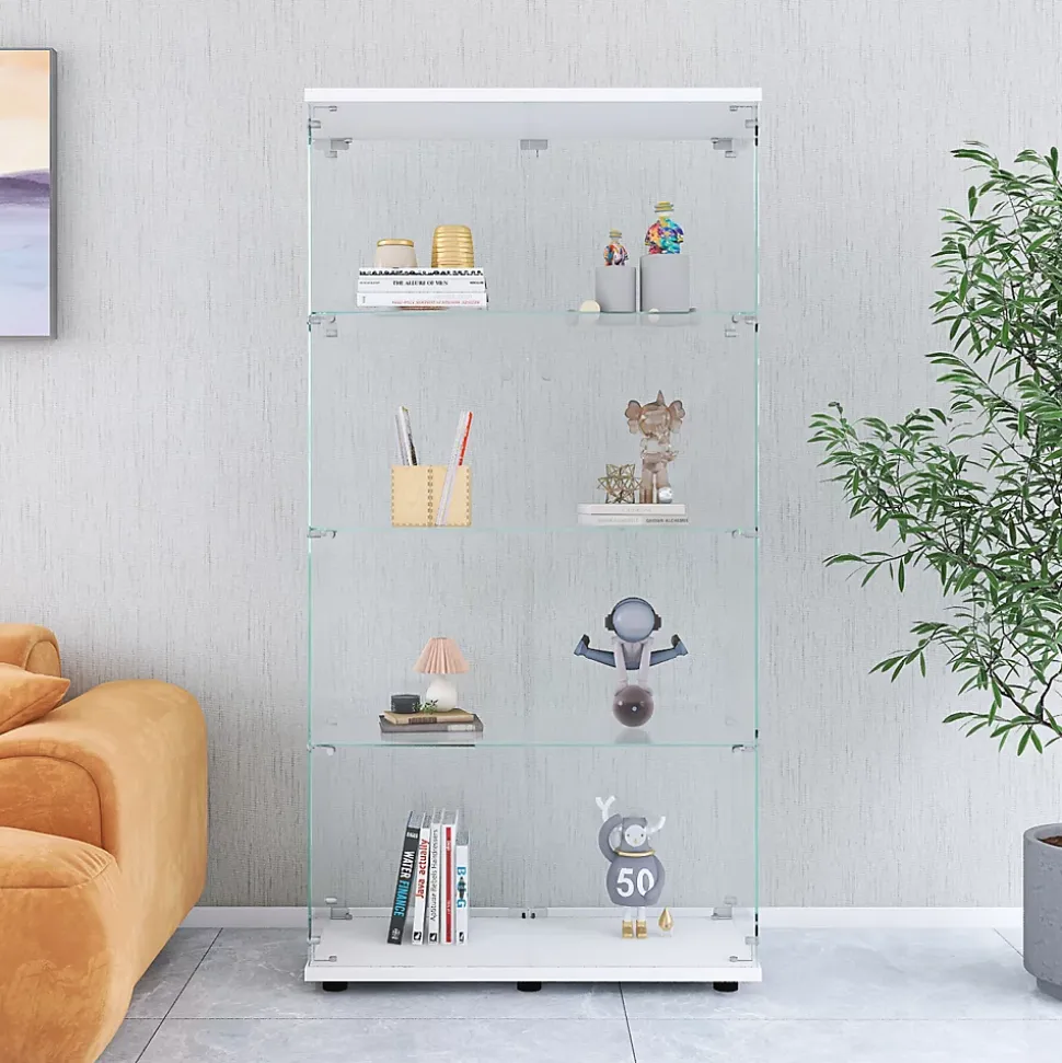 Vitrine à deux portes et quatre étagères, bibliothèque sur pied pour salon, chambre ou bureau, blanche