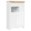 Vitrine à LED meuble de rangement à 3 portes,coloris Blanc/Chêne wotan - Longueur 98 x Profondeur 42 x Hauteur 156,5 cm