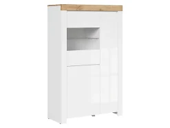 Vitrine à LED meuble de rangement à 3 portes,coloris Blanc/Chêne wotan - Longueur 98 x Profondeur 42 x Hauteur 156,5 cm