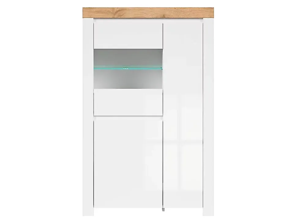 Vitrine à LED meuble de rangement à 3 portes,coloris Blanc/Chêne wotan - Longueur 98 x Profondeur 42 x Hauteur 156,5 cm