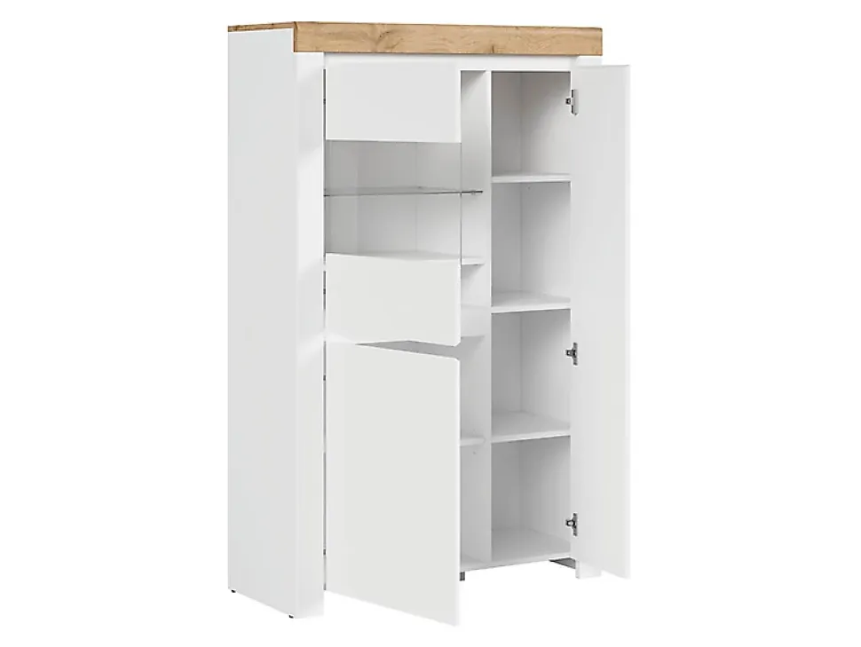 Vitrine à LED meuble de rangement à 3 portes,coloris Blanc/Chêne wotan - Longueur 98 x Profondeur 42 x Hauteur 156,5 cm