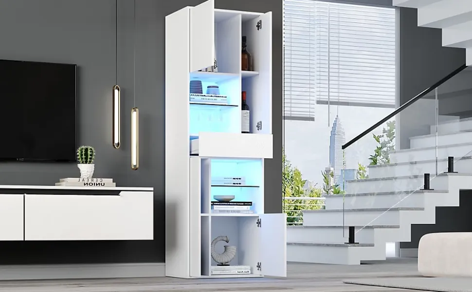 Vitrine - Meuble de Salon avec Tiroir et 4 Portes, Éclairage LED Intégré, Blanc, 55x38x170 cm