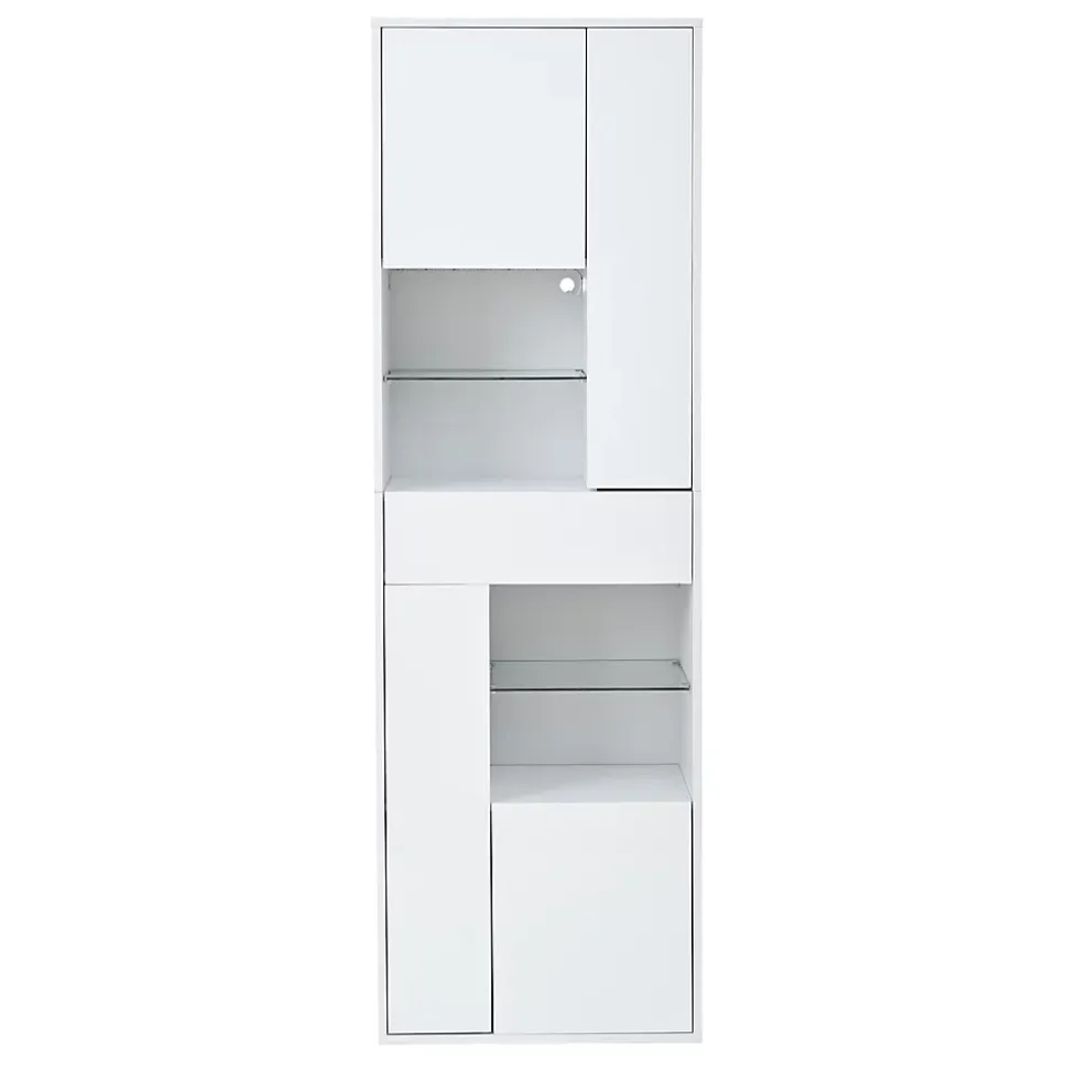 Vitrine - Meuble de Salon avec Tiroir et 4 Portes, Éclairage LED Intégré, Blanc, 55x38x170 cm