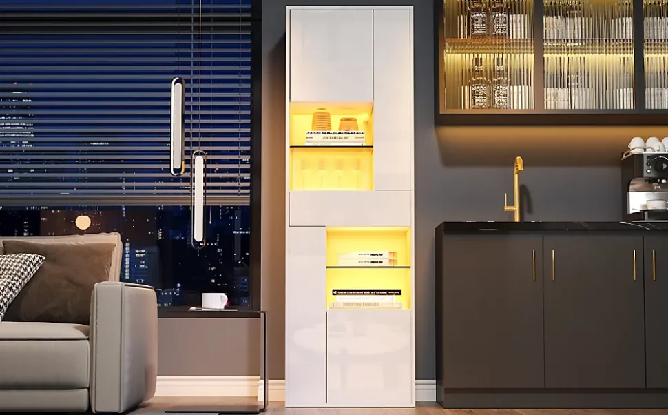 Vitrine - Meuble de Salon avec Tiroir et 4 Portes, Éclairage LED Intégré, Blanc, 55x38x170 cm