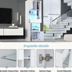Vitrine - Meuble de Salon avec Tiroir et 4 Portes, Éclairage LED Intégré, Blanc, 55x38x170 cm