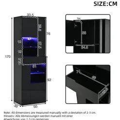 Vitrine - Meuble de Salon Haut avec 1 Tiroir et 4 Portes, Éclairage LED Intégré, Noir, 55x38x170 cm