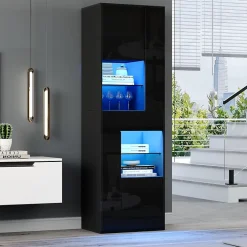 Vitrine - Meuble de Salon Haut avec 1 Tiroir et 4 Portes, Éclairage LED Intégré, Noir, 55x38x170 cm