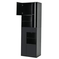 Vitrine - Meuble de Salon Haut avec 1 Tiroir et 4 Portes, Éclairage LED Intégré, Noir, 55x38x170 cm