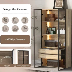 Vitrine 2 Pièces Éclairage LED et Portes Vitrées - Armoire de Rangement Moderne en MDF et Verre - 74x36x155 cm - Couleur Naturelle
