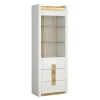 Vitrine 1 porte 2 tiroirs avec LED Helios Blanc laque et Bois