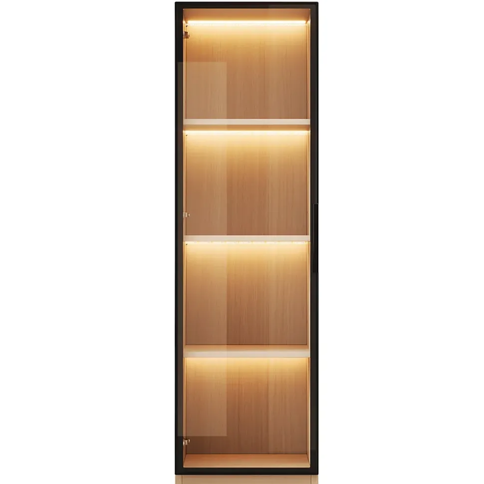 Vitrine à porte vitrée 40x40x165 cm - Éclairage LED - 1 porte en verre trempé - Placage chêne - MDF - Naturel