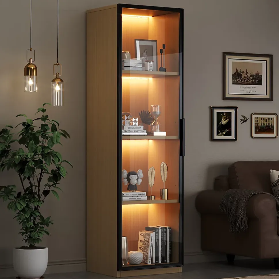 Vitrine à porte vitrée 40x40x165 cm - Éclairage LED - 1 porte en verre trempé - Placage chêne - MDF - Naturel
