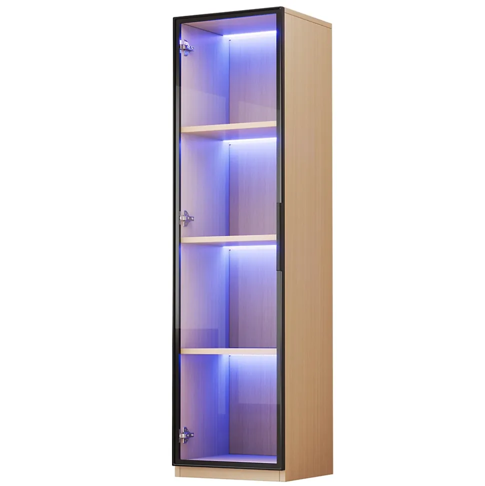 Vitrine à porte vitrée 40x40x165 cm - Éclairage LED - 1 porte en verre trempé - Placage chêne - MDF - Naturel
