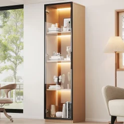 Vitrine à porte vitrée 40x40x165 cm - Éclairage LED - 1 porte en verre trempé - Placage chêne - MDF - Naturel