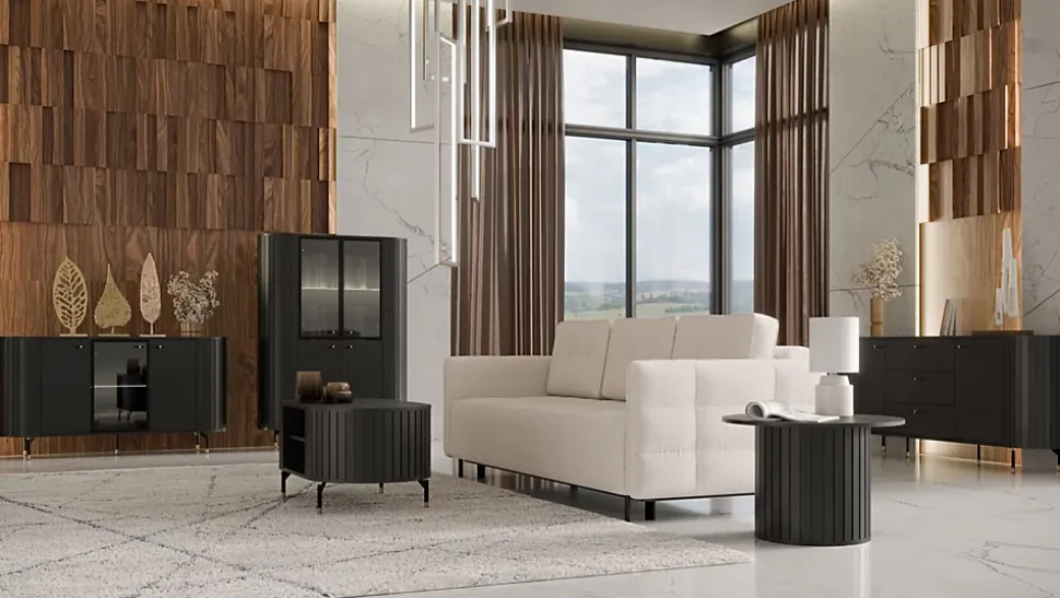 Vitrine 4 portes 112 cm noir avec façades rainurées ZANTE