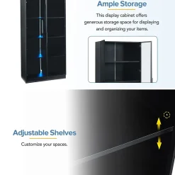 Vitrine 4 Portes - Lamelles Réglables - LED Contrôlable par App - USB 5V-2A - Panneau de Particules - 160x40x160 cm - Noir