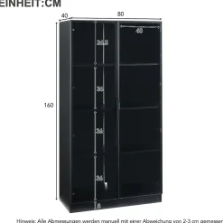 Vitrine 4 Portes - Lamelles Réglables - LED Contrôlable par App - USB 5V-2A - Panneau de Particules - 160x40x160 cm - Noir