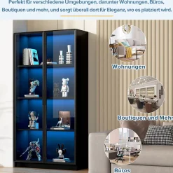 Vitrine 4 Portes - Lamelles Réglables - LED Contrôlable par App - USB 5V-2A - Panneau de Particules - 160x40x160 cm - Noir