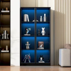 Vitrine 4 Portes - Lamelles Réglables - LED Contrôlable par App - USB 5V-2A - Panneau de Particules - 160x40x160 cm - Noir
