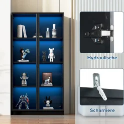 Vitrine 4 Portes - Lamelles Réglables - LED Contrôlable par App - USB 5V-2A - Panneau de Particules - 160x40x160 cm - Noir