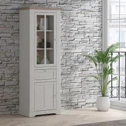 Vitrine 2 portes 1 tiroir éclairage LED décor chêne blanchi - ANGELE