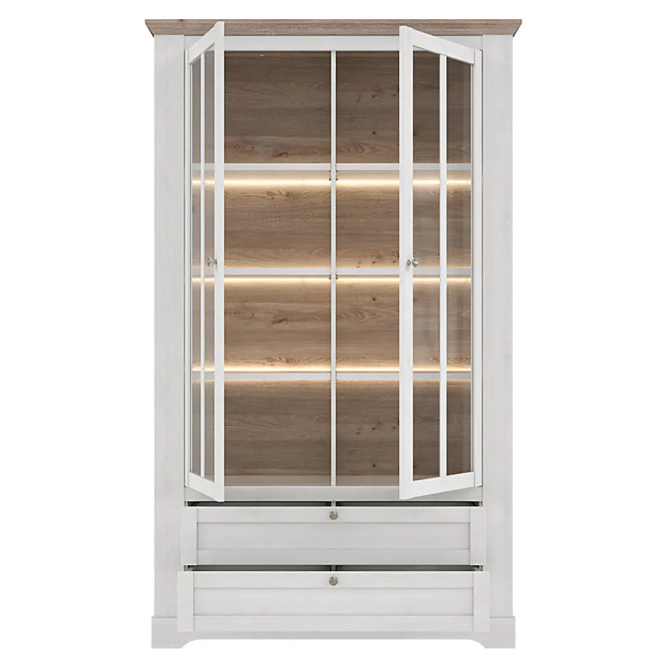 Vitrine 2 portes 2 tiroirs éclairage LED décor blanchi - ANGELE