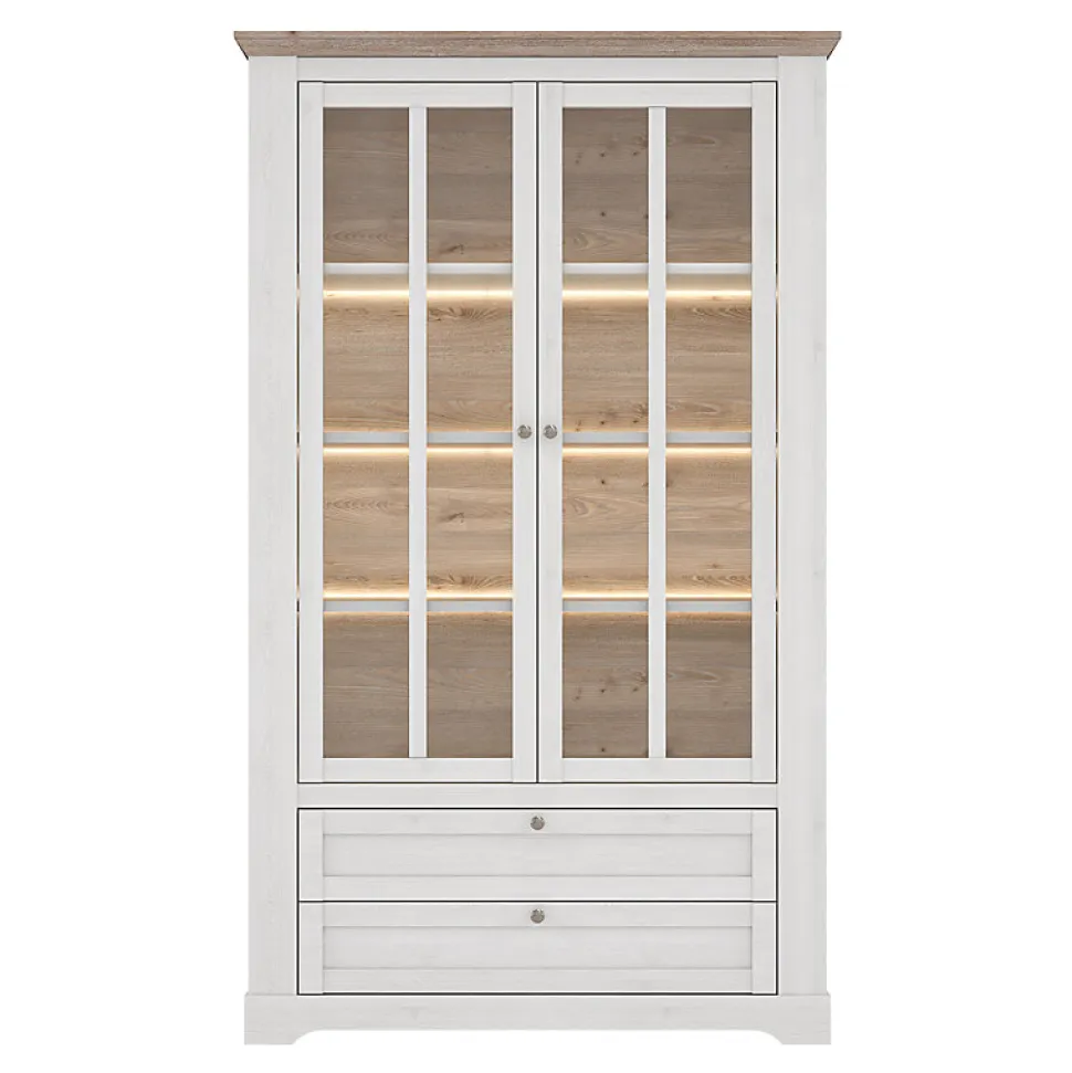 Vitrine 2 portes 2 tiroirs éclairage LED décor blanchi - ANGELE