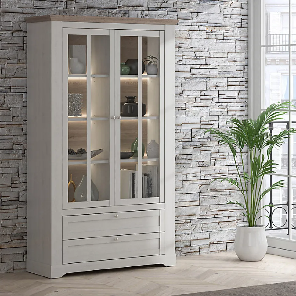 Vitrine 2 portes 2 tiroirs éclairage LED décor blanchi - ANGELE