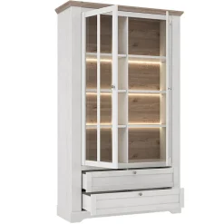 Vitrine 2 portes 2 tiroirs éclairage LED décor blanchi - ANGELE