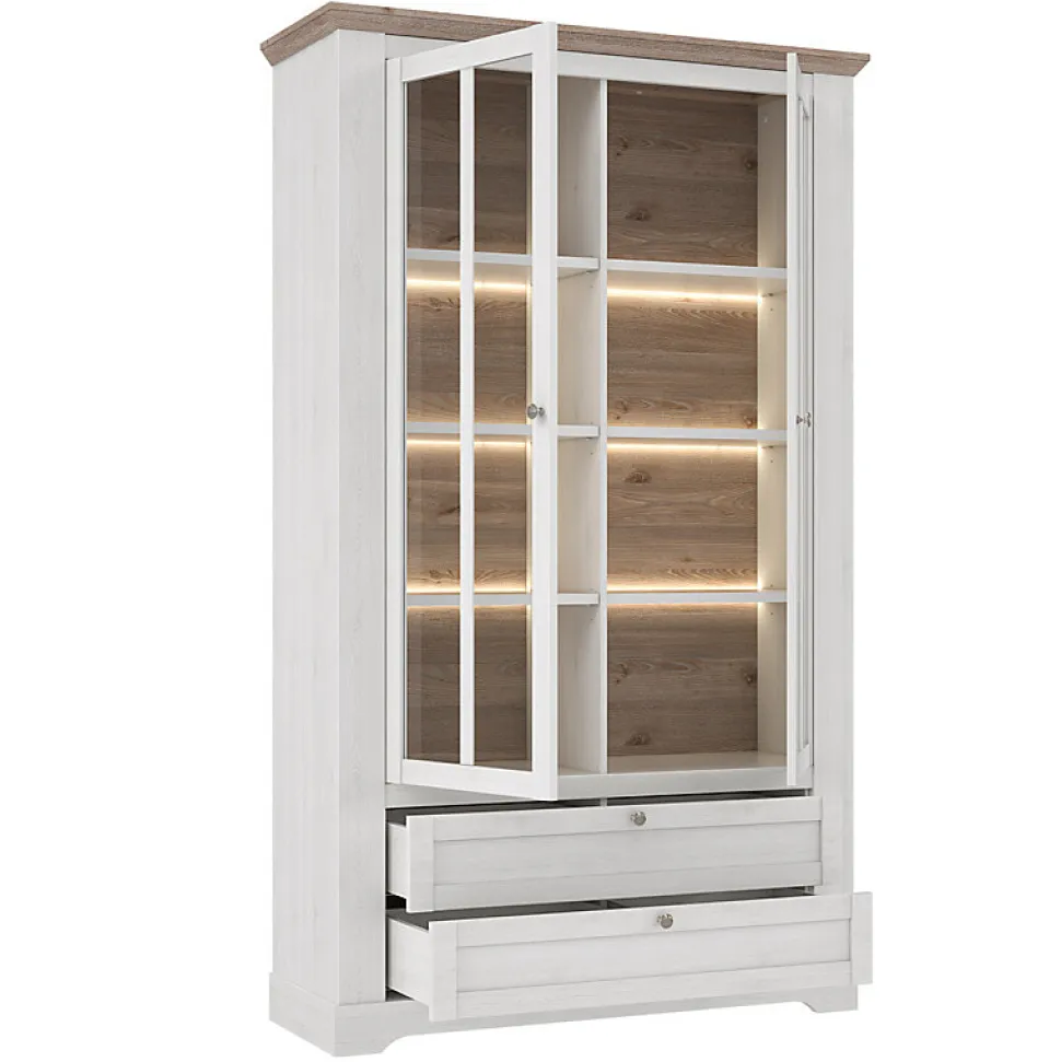 Vitrine 2 portes 2 tiroirs éclairage LED décor blanchi - ANGELE