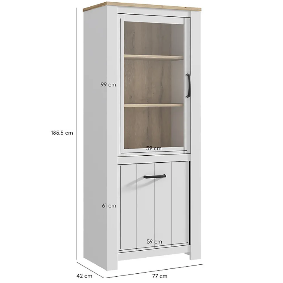 Vitrine 2 portes blanc mat et décor bois clair poignées noires - LEANE