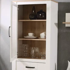 Vitrine 2 portes blanc mat et décor bois clair poignées noires - LEANE