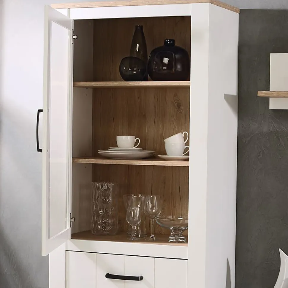 Vitrine 2 portes blanc mat et décor bois clair poignées noires - LEANE