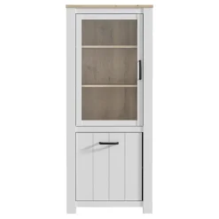Vitrine 2 portes blanc mat et décor bois clair poignées noires - LEANE