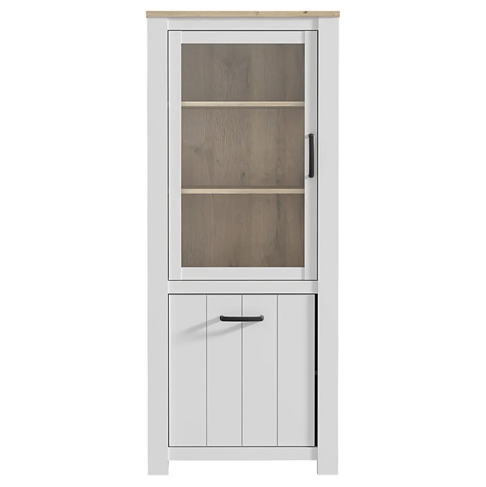 Vitrine 2 portes blanc mat et décor bois clair poignées noires - LEANE