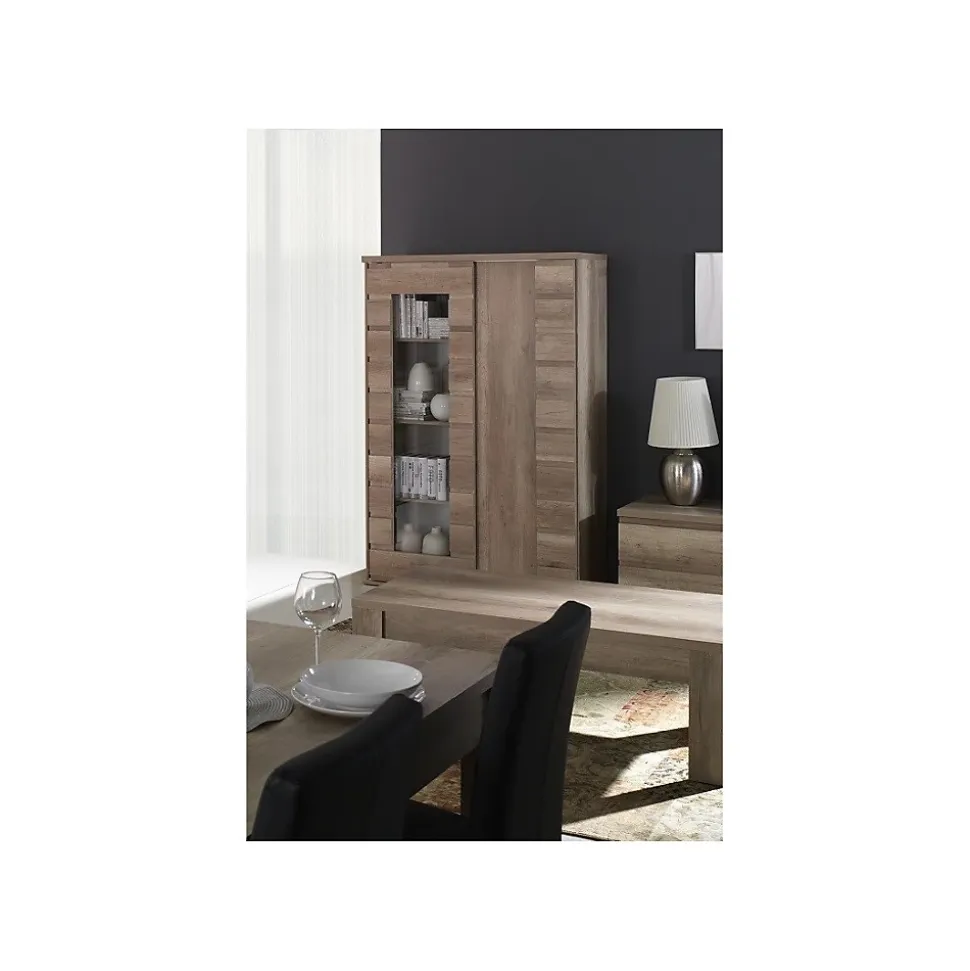 Vitrine 2 portes coulissantes ROMI avec porte vitrée - Coloris dab canyon - 120 x 180 x 55 cm