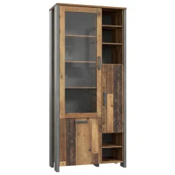 Vitrine 3 portes et 14 niches effet bois vieilli et béton gris - BUCK