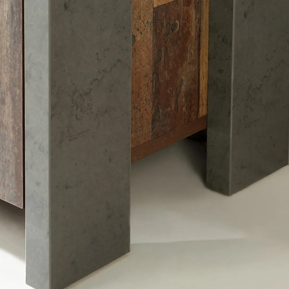 Vitrine 3 portes et 14 niches effet bois vieilli et béton gris - BUCK