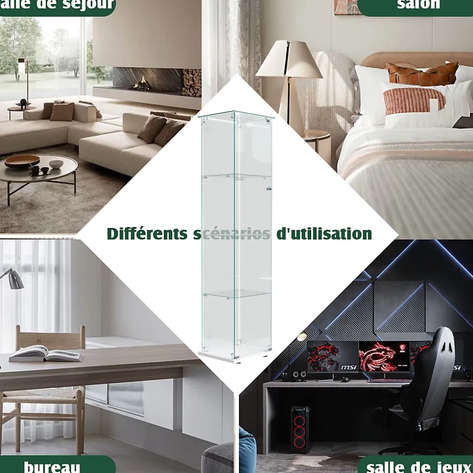 Vitrine 4 étagères avec LED intégrée et plateau blanc, Verre trempé transparent pour salon, chambre ou bureau, Blanc