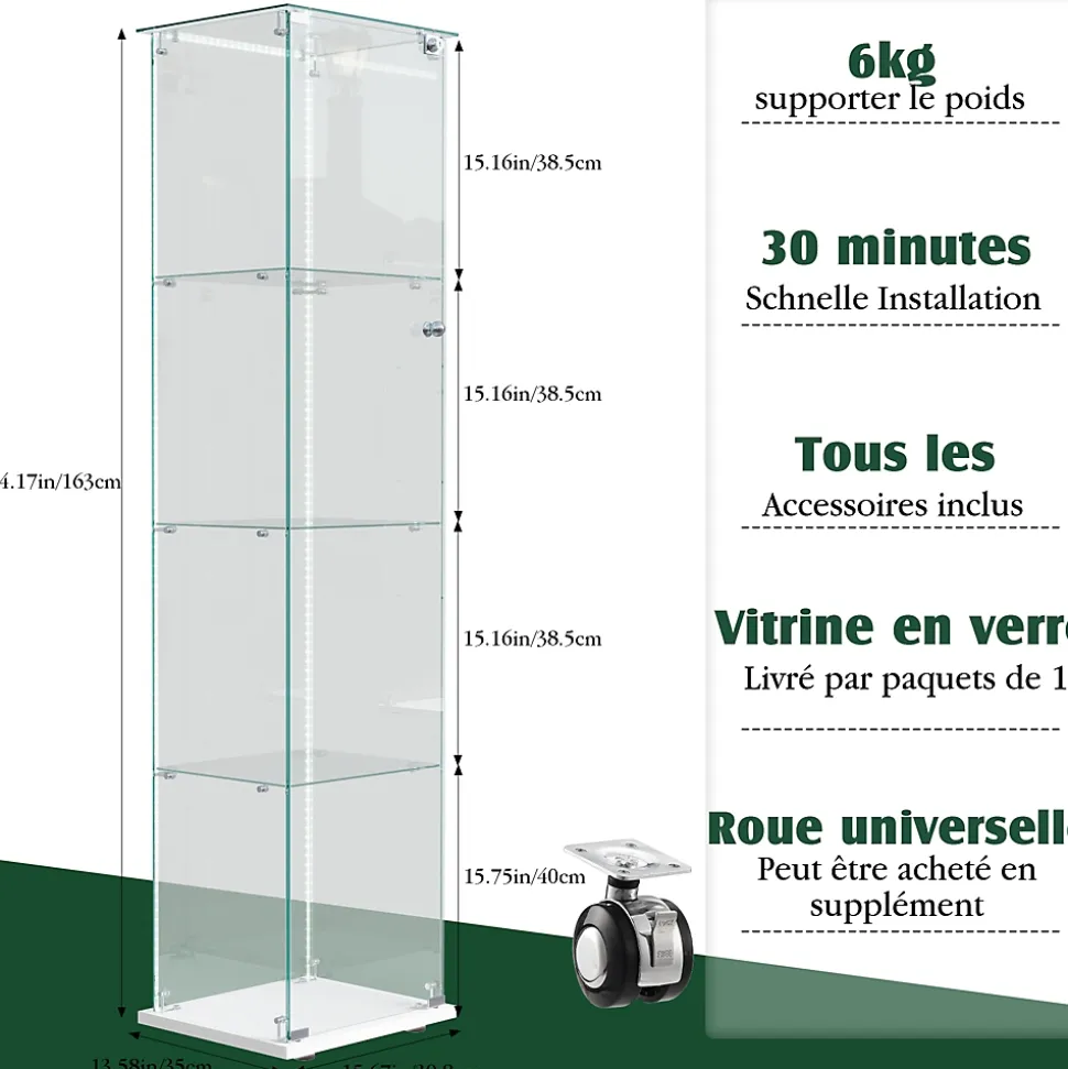 Vitrine 4 étagères avec LED intégrée et plateau blanc, Verre trempé transparent pour salon, chambre ou bureau, Blanc