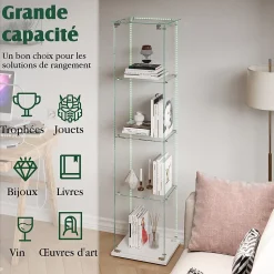 Vitrine 4 étagères avec LED intégrée et plateau blanc, Verre trempé transparent pour salon, chambre ou bureau, Blanc