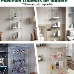 Vitrine 4 étagères avec LED intégrée et plateau blanc, Verre trempé transparent pour salon, chambre ou bureau, Blanc