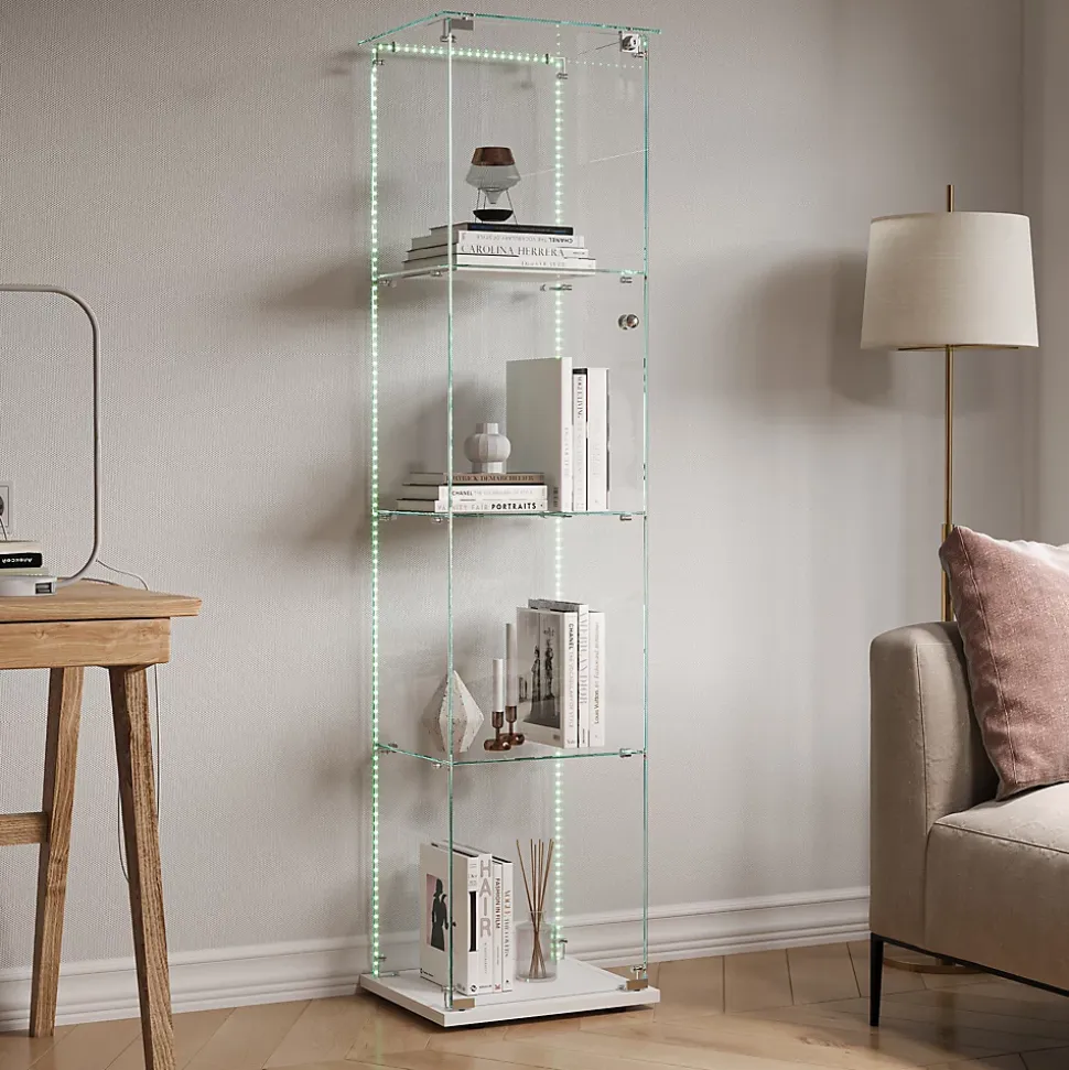 Vitrine 4 étagères avec LED intégrée et plateau blanc, Verre trempé transparent pour salon, chambre ou bureau, Blanc