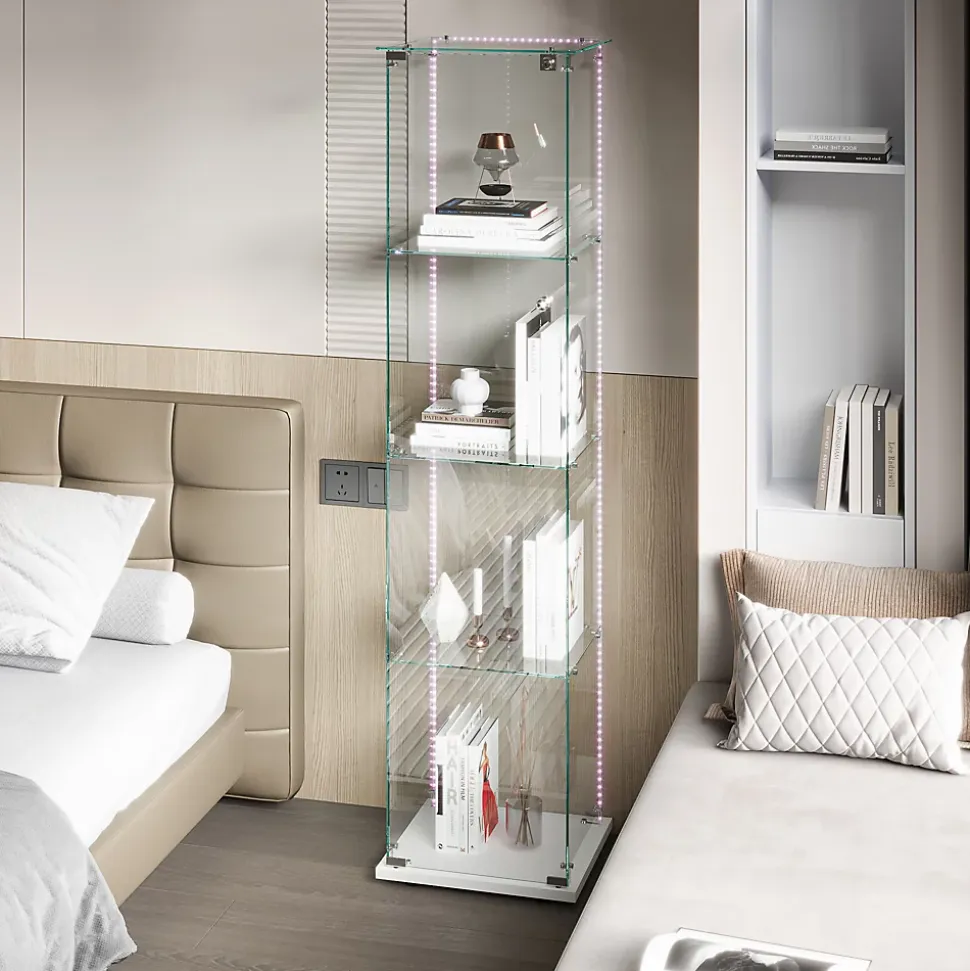 Vitrine 4 étagères avec LED intégrée et plateau blanc, Verre trempé transparent pour salon, chambre ou bureau, Blanc