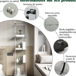 Vitrine 4 étagères avec LED intégrée et plateau blanc, Verre trempé transparent pour salon, chambre ou bureau, Blanc