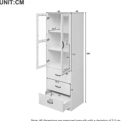 Vitrine - Vitrine avec Éclairage LED et 3 Tiroirs, Armoire Vitrine Moderne avec Étageres Réglables pour Salon, Blanc, 60x40x200 cm
