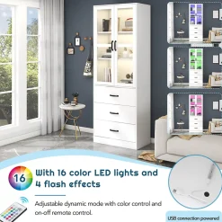 Vitrine - Vitrine avec Éclairage LED et 3 Tiroirs, Armoire Vitrine Moderne avec Étageres Réglables pour Salon, Blanc, 60x40x200 cm