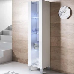 Vitrine armoire contemporaine - Blanc mélamine - Pieds alu - 1 porte, 4 compart. - 40 x 29 x 177 cm
