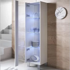 Vitrine armoire contemporaine - Blanc mélamine - Pieds alu - 1 porte, 4 compart. - 40 x 29 x 177 cm