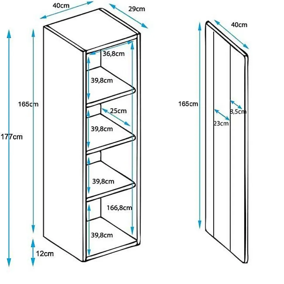 Vitrine armoire contemporaine - Noir mélamine - Pieds alu - 40 x 29 x 177 cm